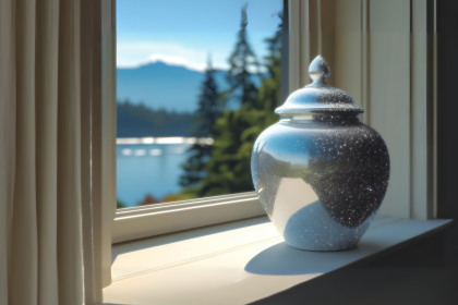Image of an urn on a windowsill with a lake in the background - Your rights for choosing a casket or urn in BC