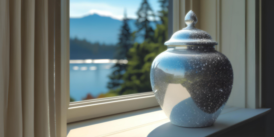 Image of an urn on a windowsill with a lake in the background - Your rights for choosing a casket or urn in BC