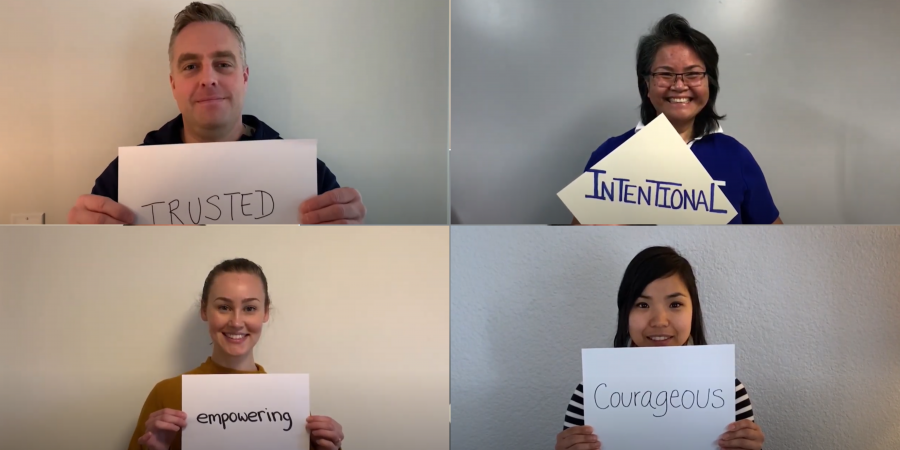 Pictures of four staff members each holding up a sign with a word that describes our CEO. Trusted. Empowering. Courageous. Intentional.