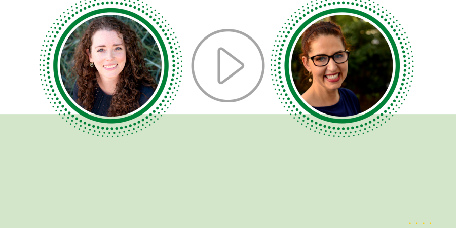 green and white striped design with two round photos of different women