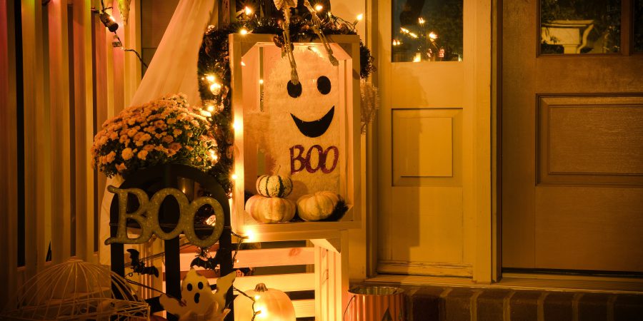 A decorated front porch for halloween