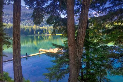 A picture of a lake in the summer time with people on the dock.