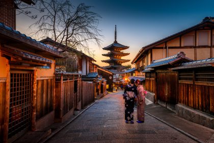 A sunset over a pagoda in Japan, representing traveling like a pro.