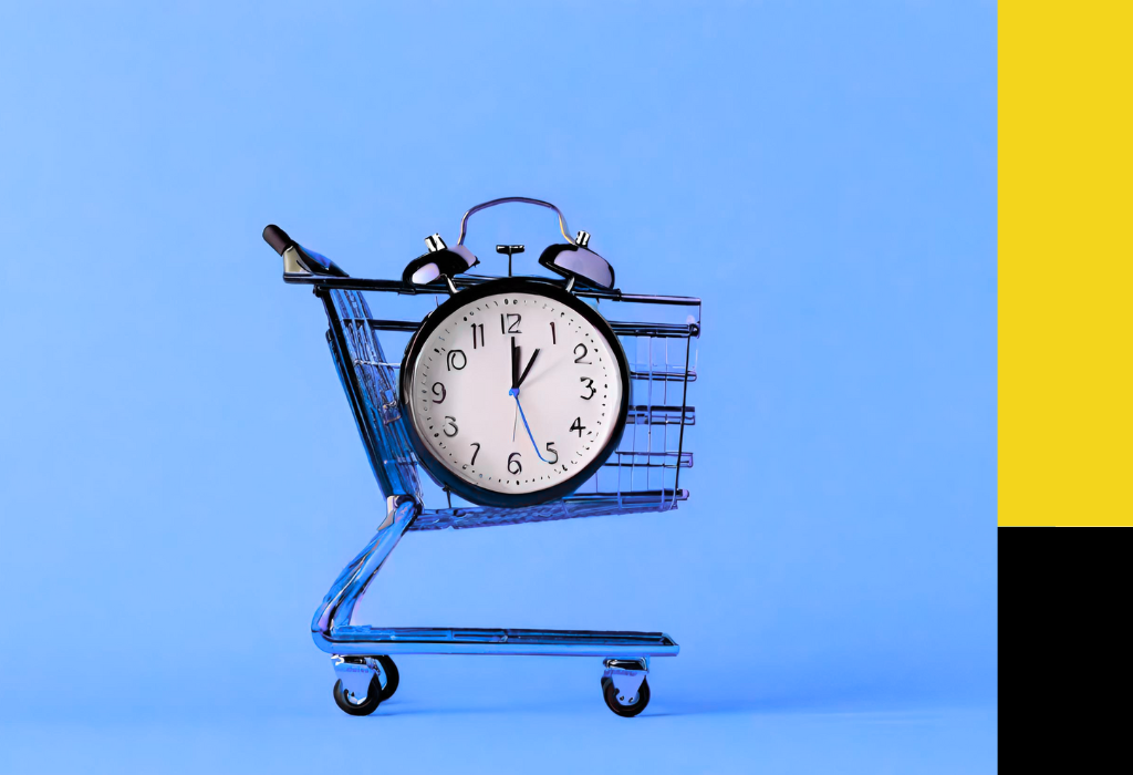 A clock in a shopping cart. Image for a resources page about buy now, pay later plans: what you need to know.