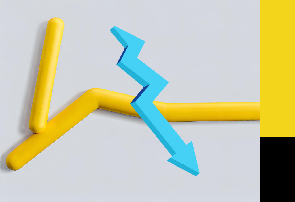 Two lines that look like chart lines and an arrow pointing down. Image for a resources page about how debt impacts your credit.