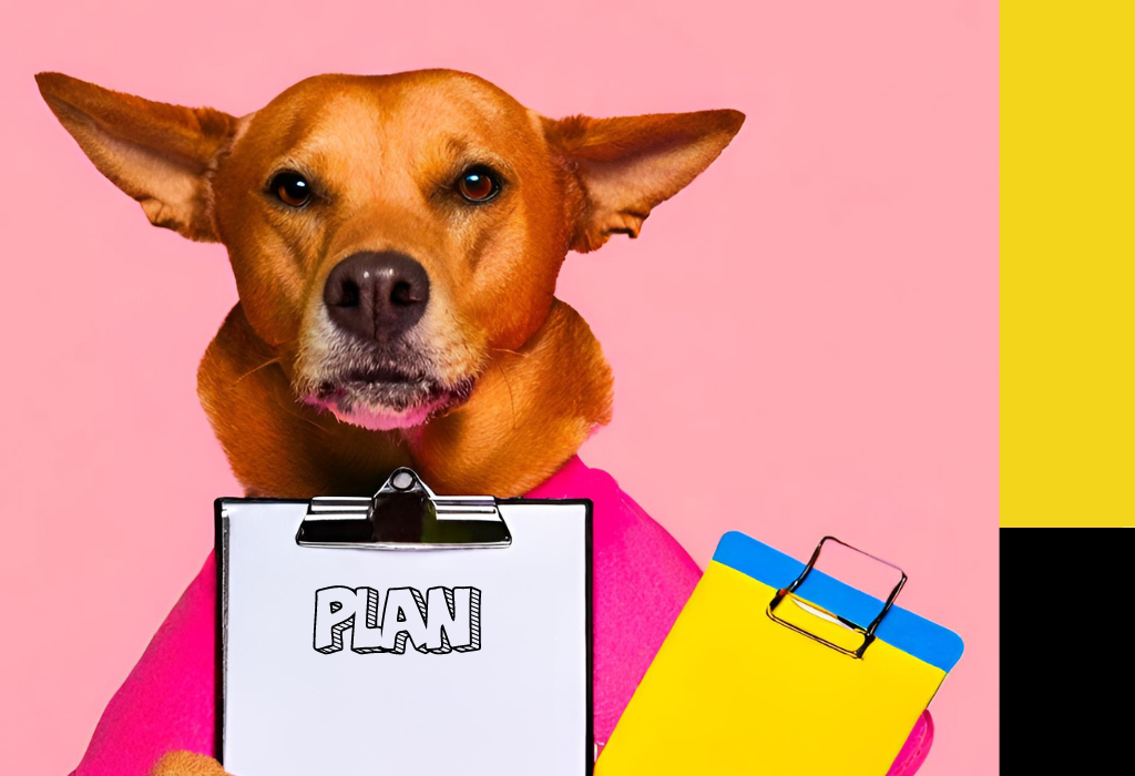 A dog is holding a clipboard that says plan. Image for a resources page about how to make a plan to manage your debt.