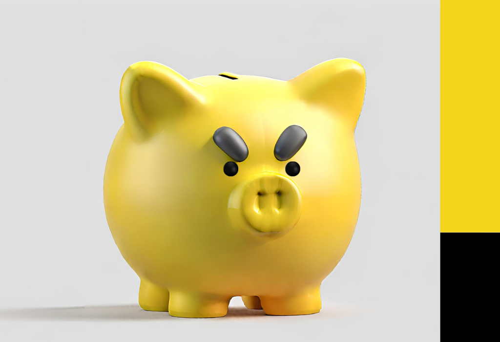 A yellow piggy bank with an angry face. Image for a resources page about the risks of borrowing from unlicensed lenders.