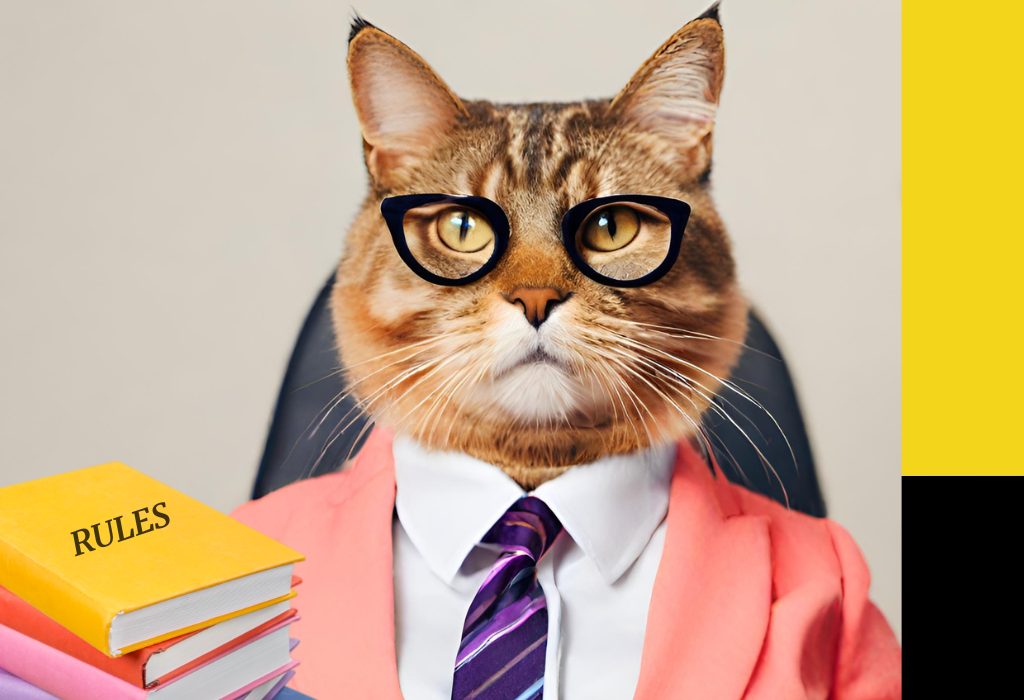 A cat wearing a tie suit sitting with books titled rules. Image for a resources page about the rules payday lenders must follow. 