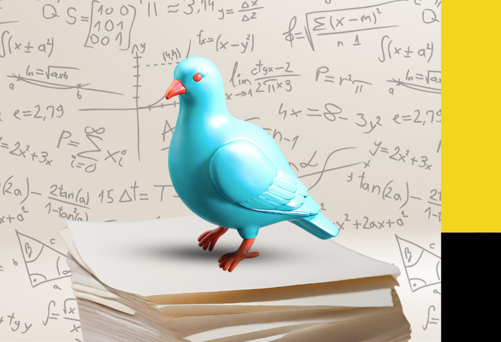 A blue pigeon sitting on top of paper pile. The background image contains math equations. Image for a resources page about understanding the cost of your loan. 