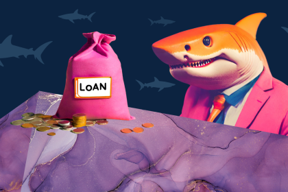 Loan shark at a table with a bag of money - The risks of borrowing money from unlicensed lenders
