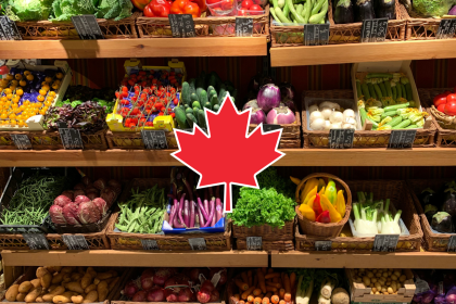 How to shop local and save money on groceries - image of grocery store and Canadian maple leaf