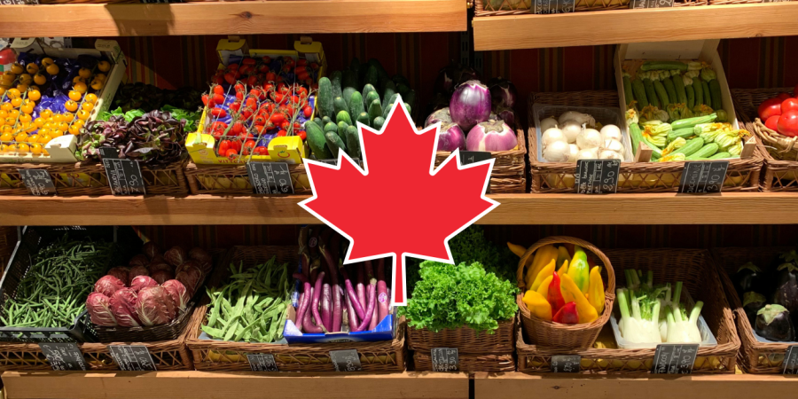 How to shop local and save money on groceries - image of grocery store and Canadian maple leaf