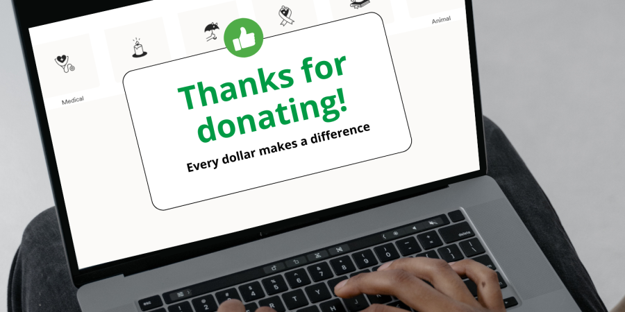 Image of a laptop screen with the words "Thanks for donating" visible. - 6 tips to support online fundraisers safely