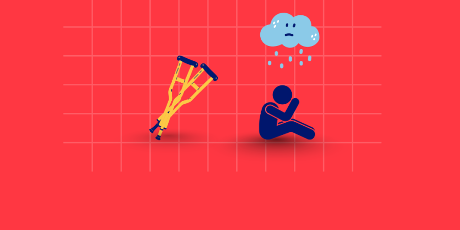 Image of crutches and a stick person sitting under a raincloud, upset - How to cancel your fitness contract if you can't participate